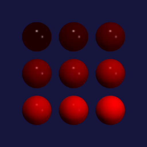 9 red spheres, where diffuse + specular reflection spectrum = 1.0. Diffuse is increasing, and specular is decreasing