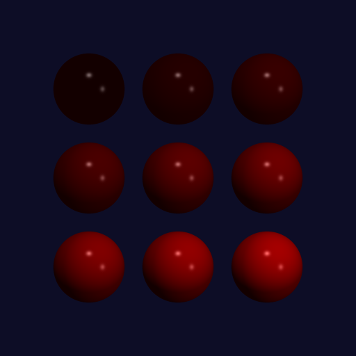 9 red spheres, where only the diffuse spectrum is increasing, and the specular spectrum is a constant WHITE